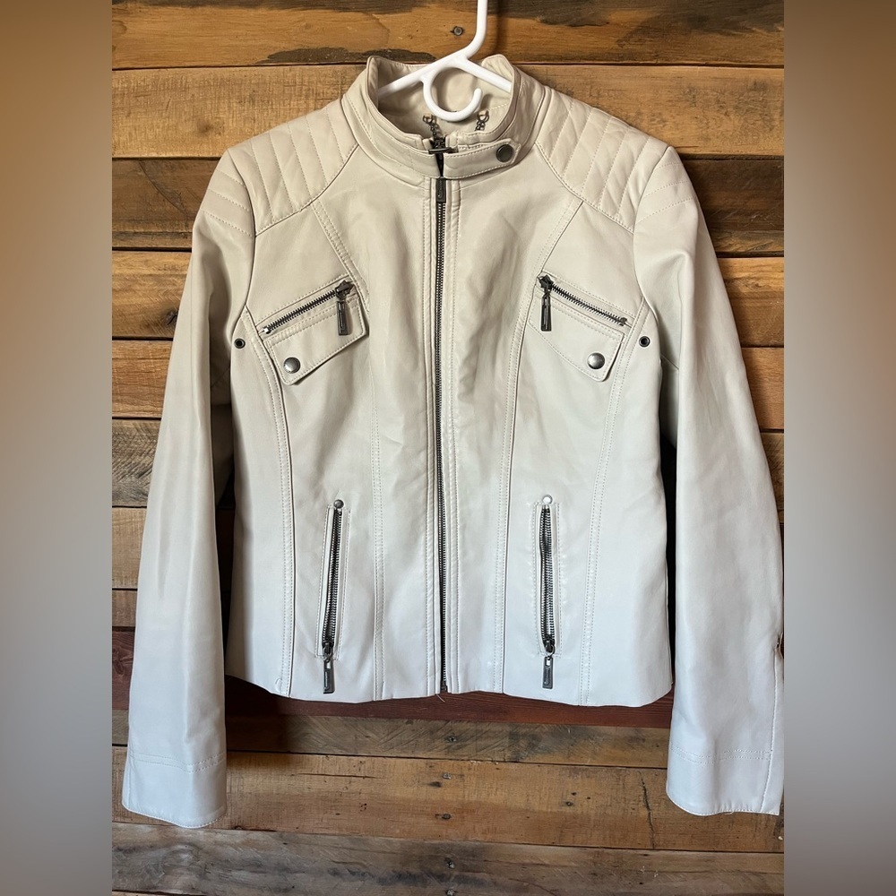 Jou Jou Off-White Faux Leather Jacket with Zipper Details